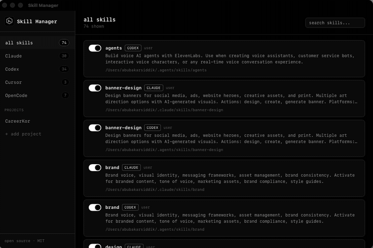 Skill Manager: browsing all installed skills, filtering by tool, searching, and opening a skill's SKILL.md in the view/edit modal